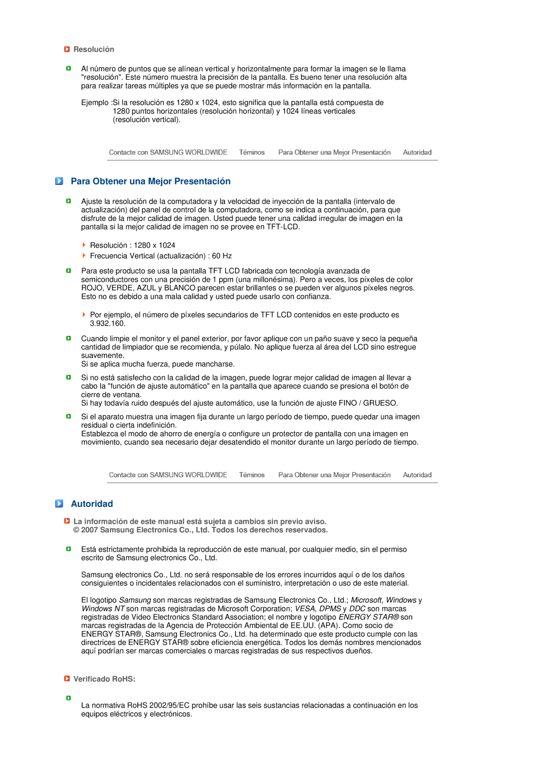 Samsung LS19MEPSFV/EDC manual Para Obtener una Mejor Presentación, Autoridad, Resolución, Verificado RoHS 