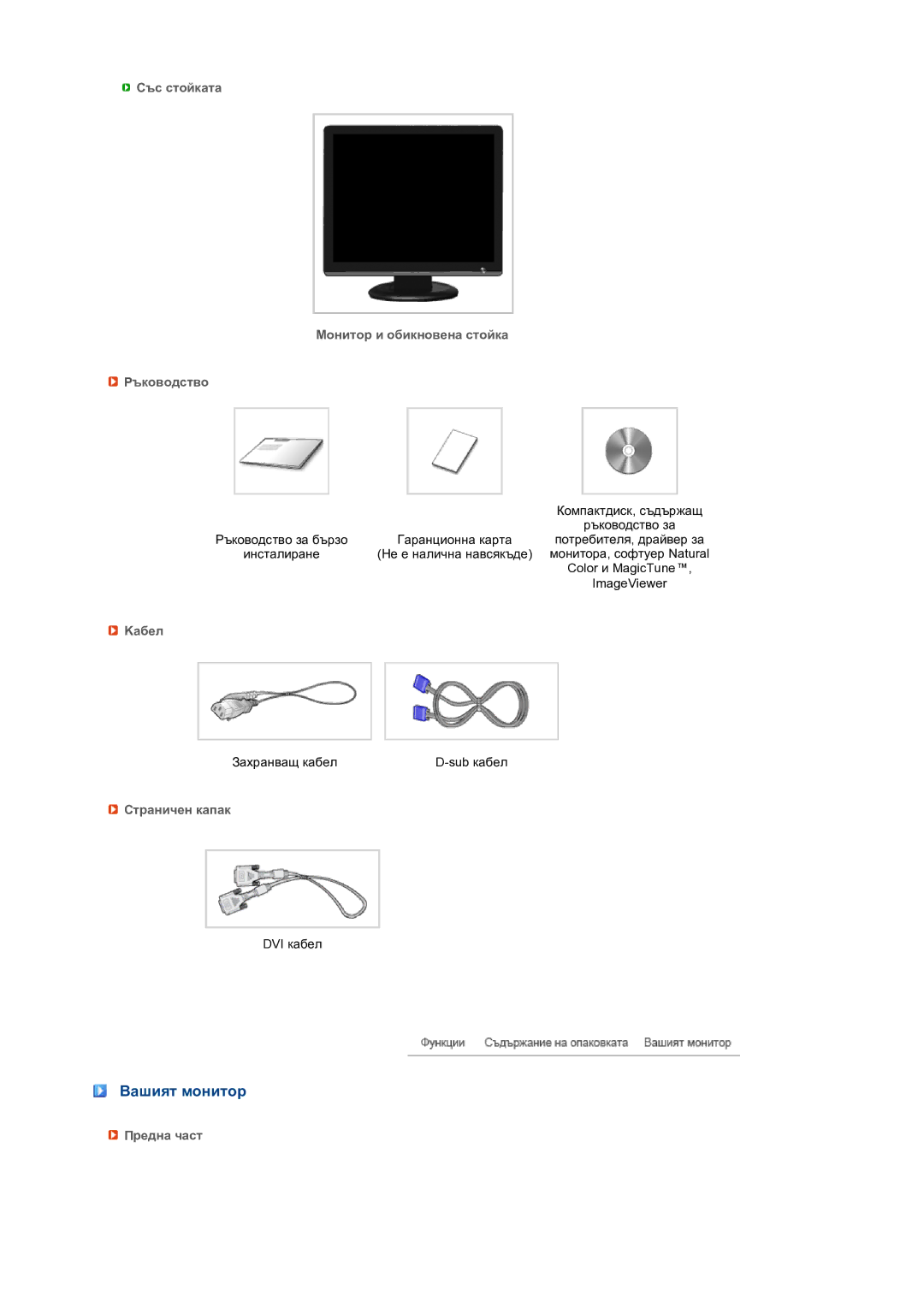 Samsung LS19MEPSFV/EDC manual Вашият монитор, Със стойката Монитор и обикновена стойка Ръководство, Kабел, Страничен капак 