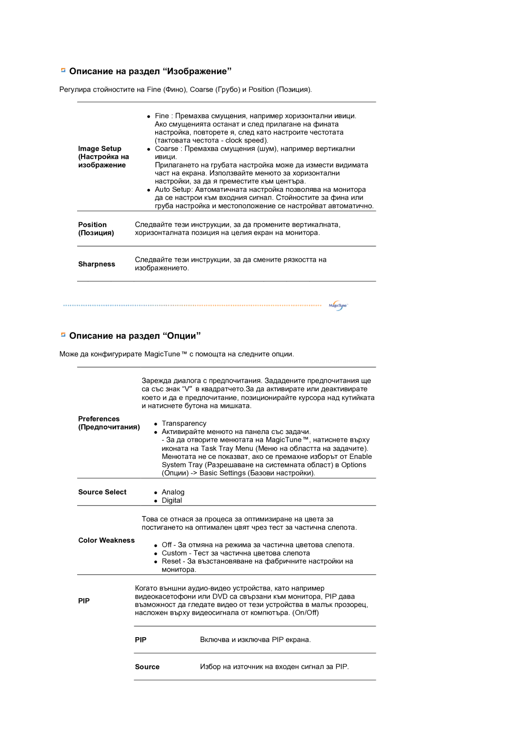 Samsung LS19MEPSFV/EDC Image Setup, Настройка на, Изображение, Position, Позиция, Sharpness, Preferences Предпочитания 