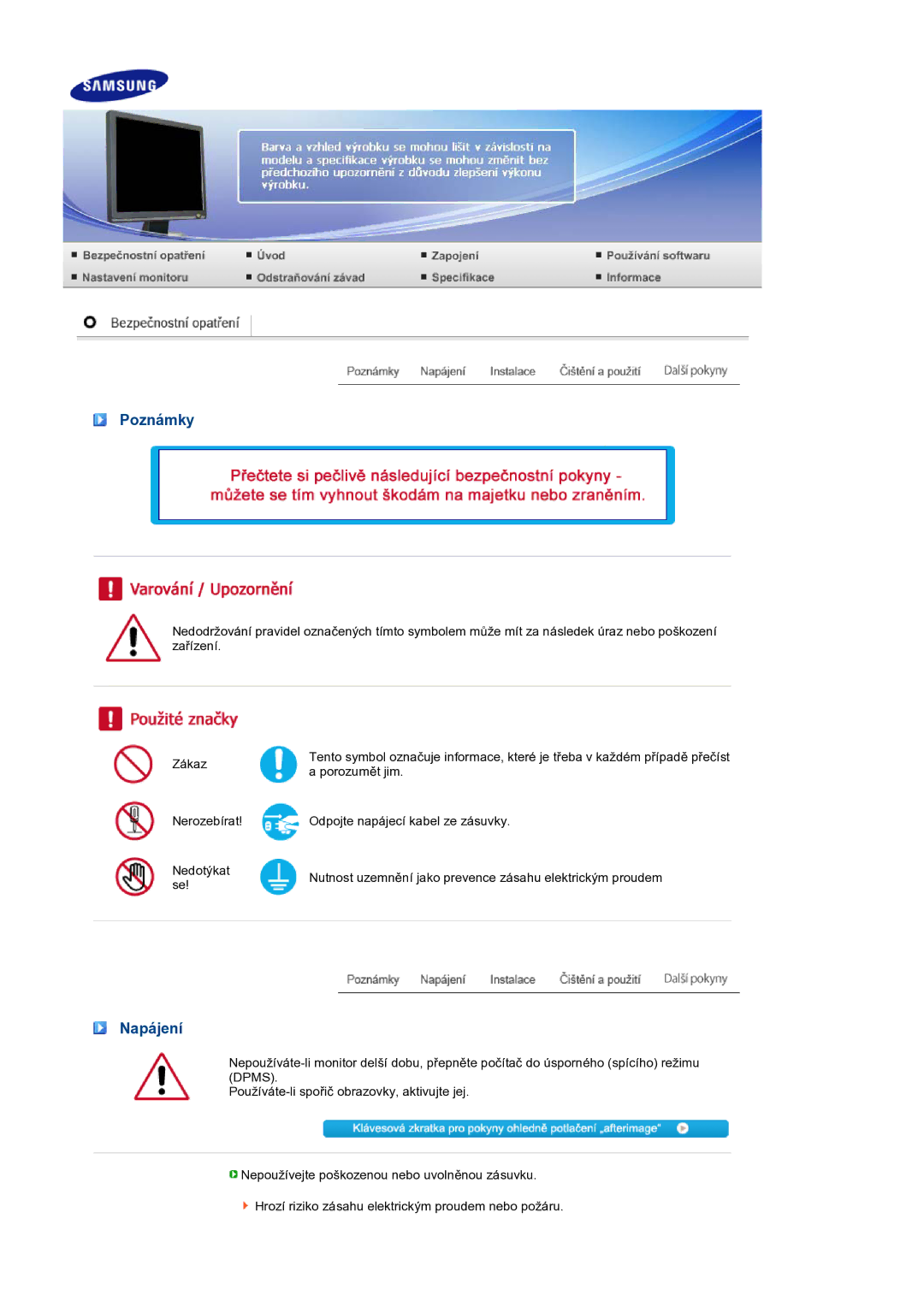 Samsung LS19MEPSFV/EDC manual Poznámky, Napájení 