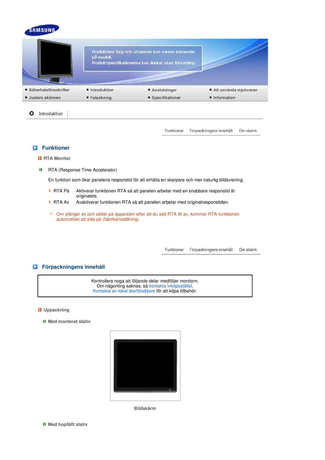 Samsung LS19MEPSFV/EDC manual Funktioner, Förpackningens innehåll, RTA Monitor 