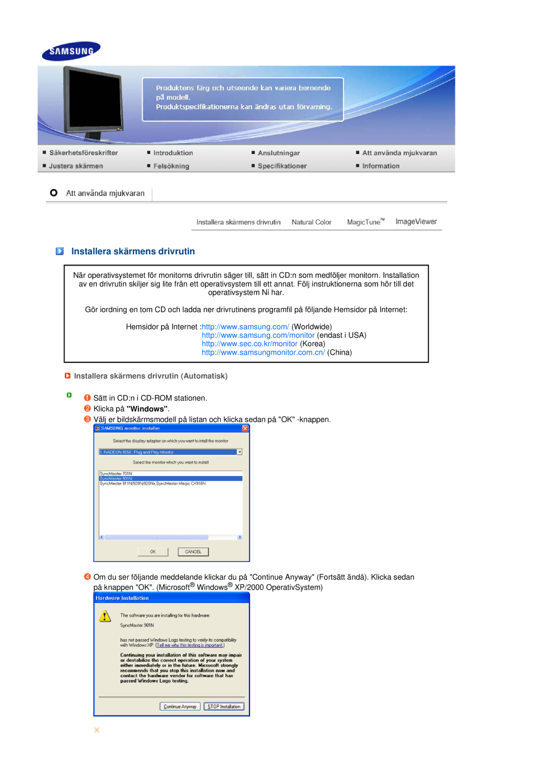 Samsung LS19MEPSFV/EDC manual Installera skärmens drivrutin Automatisk 