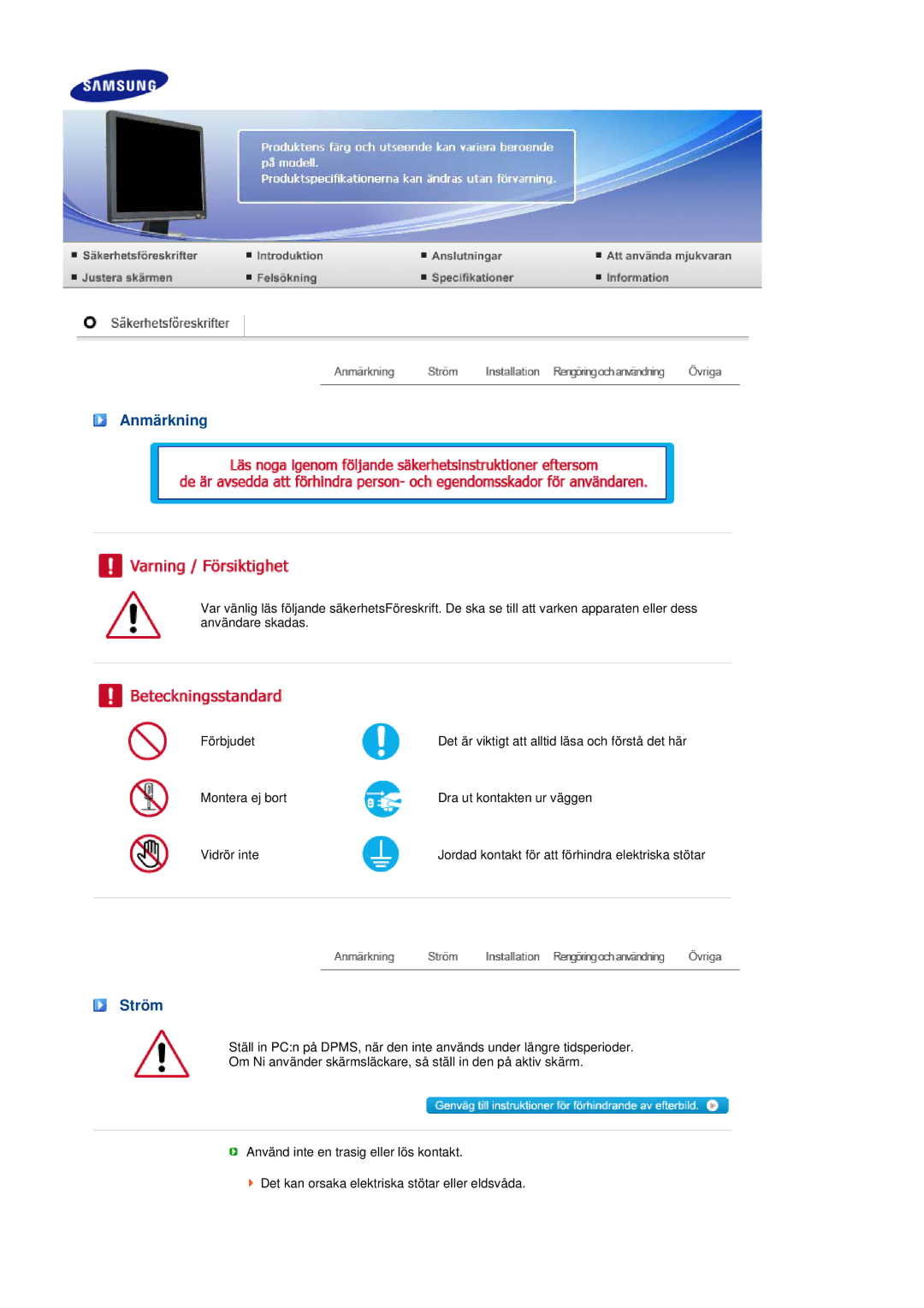 Samsung LS19MEPSFV/EDC manual Anmärkning, Ström 