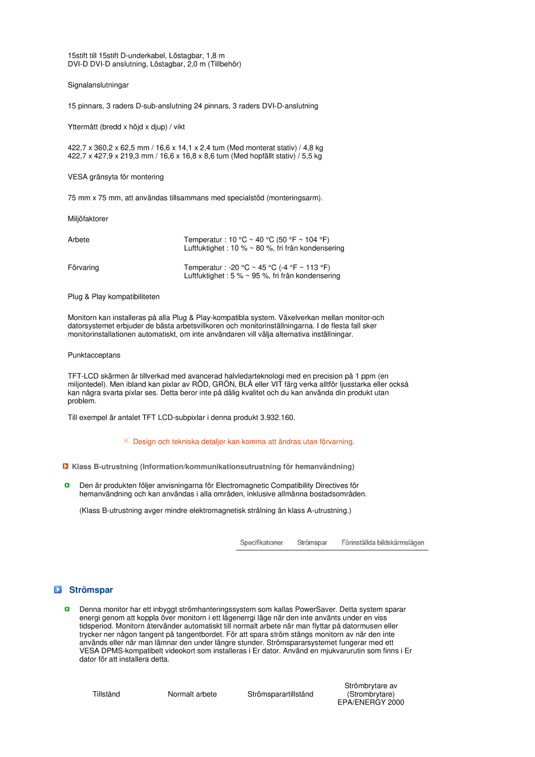 Samsung LS19MEPSFV/EDC manual Strömspar, Epa/Energy 