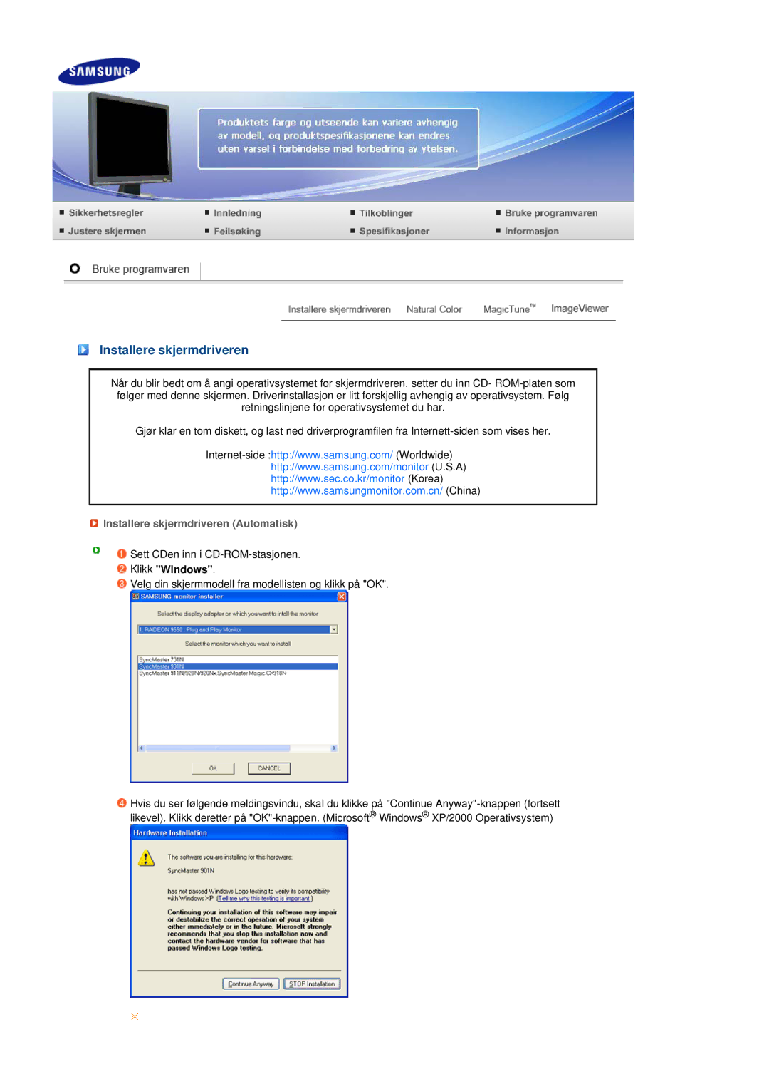 Samsung LS19MEPSFV/EDC manual Installere skjermdriveren Automatisk 