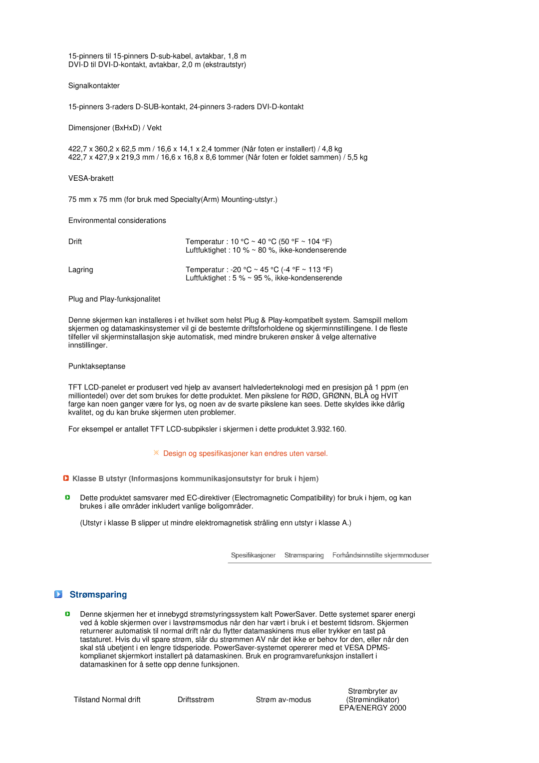 Samsung LS19MEPSFV/EDC manual Strømsparing, Epa/Energy 