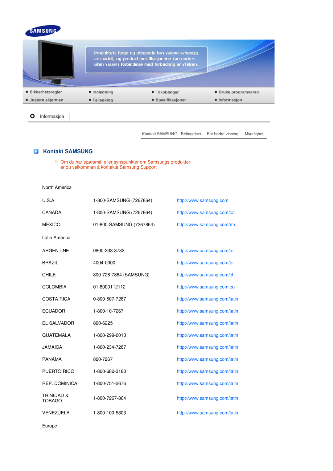 Samsung LS19MEPSFV/EDC manual Kontakt Samsung 