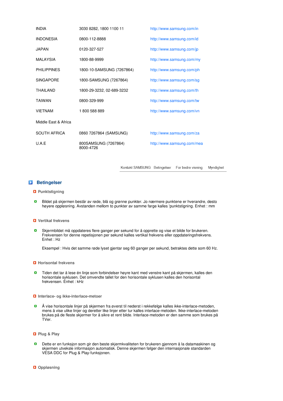 Samsung LS19MEPSFV/EDC manual Betingelser 