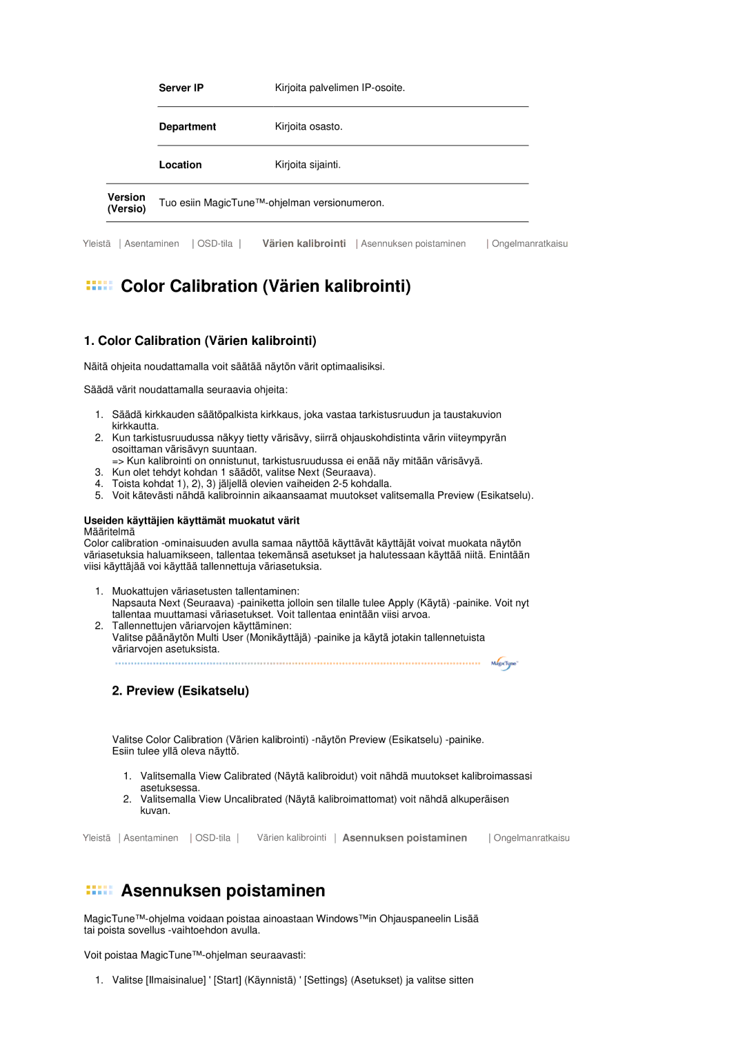 Samsung LS19MEPSFV/EDC manual Color Calibration Värien kalibrointi 