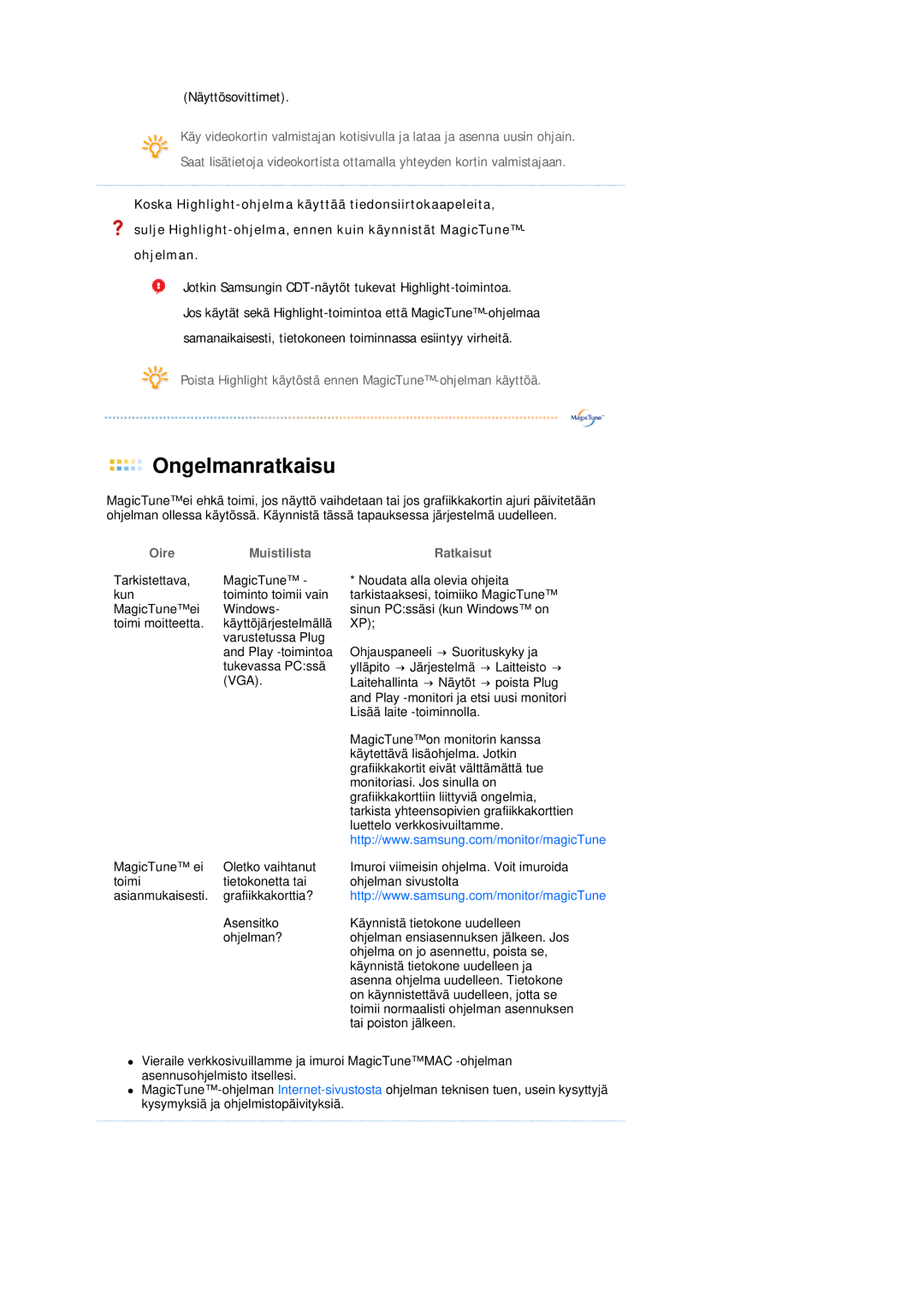 Samsung LS19MEPSFV/EDC manual Oire Muistilista Ratkaisut 