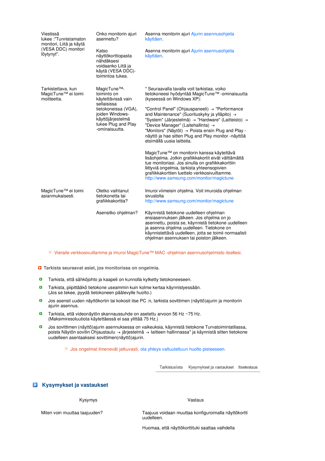 Samsung LS19MEPSFV/EDC manual Kysymykset ja vastaukset, Tarkista seuraavat asiat, jos monitorissa on ongelmia 