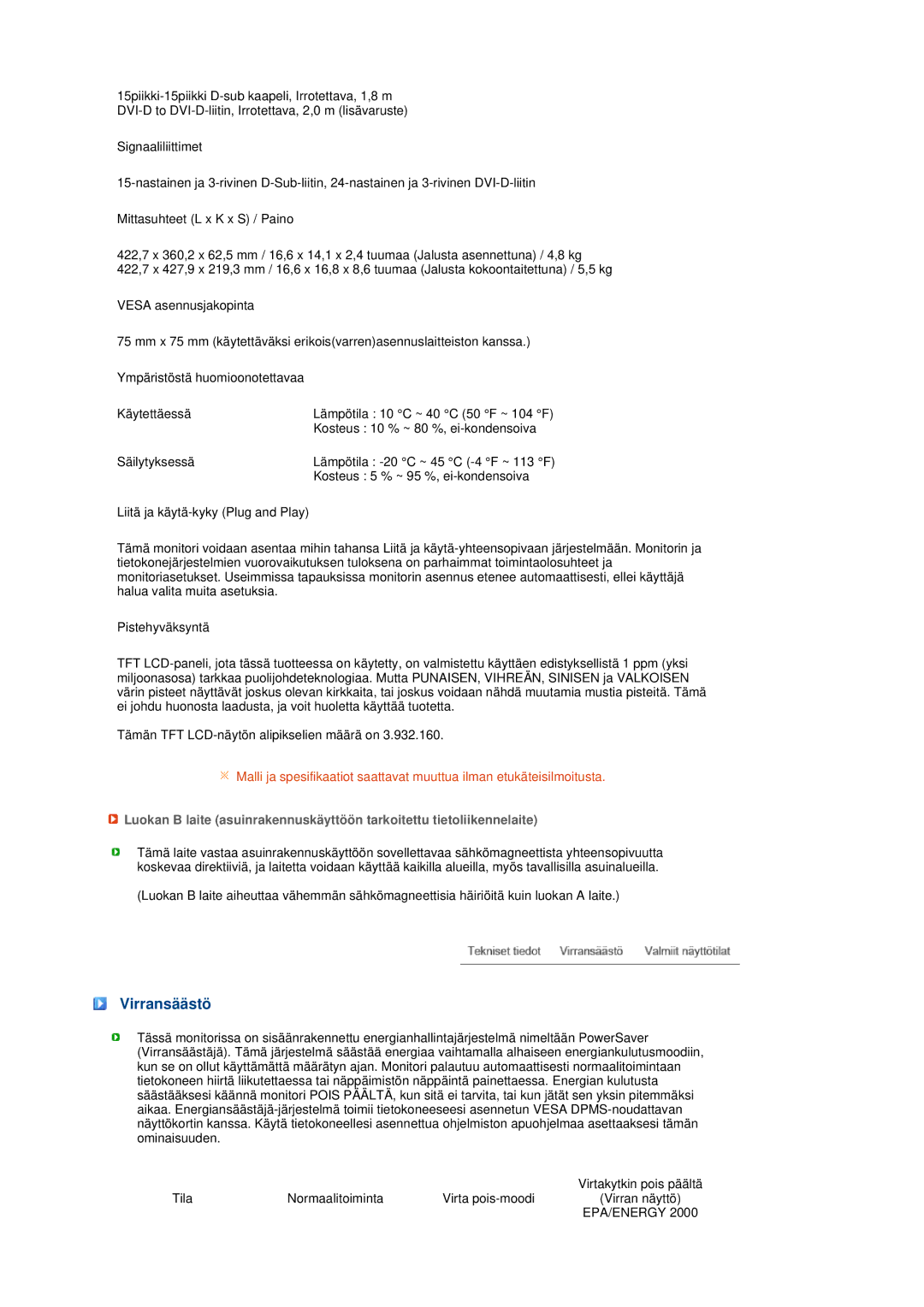 Samsung LS19MEPSFV/EDC manual Virransäästö, Epa/Energy 