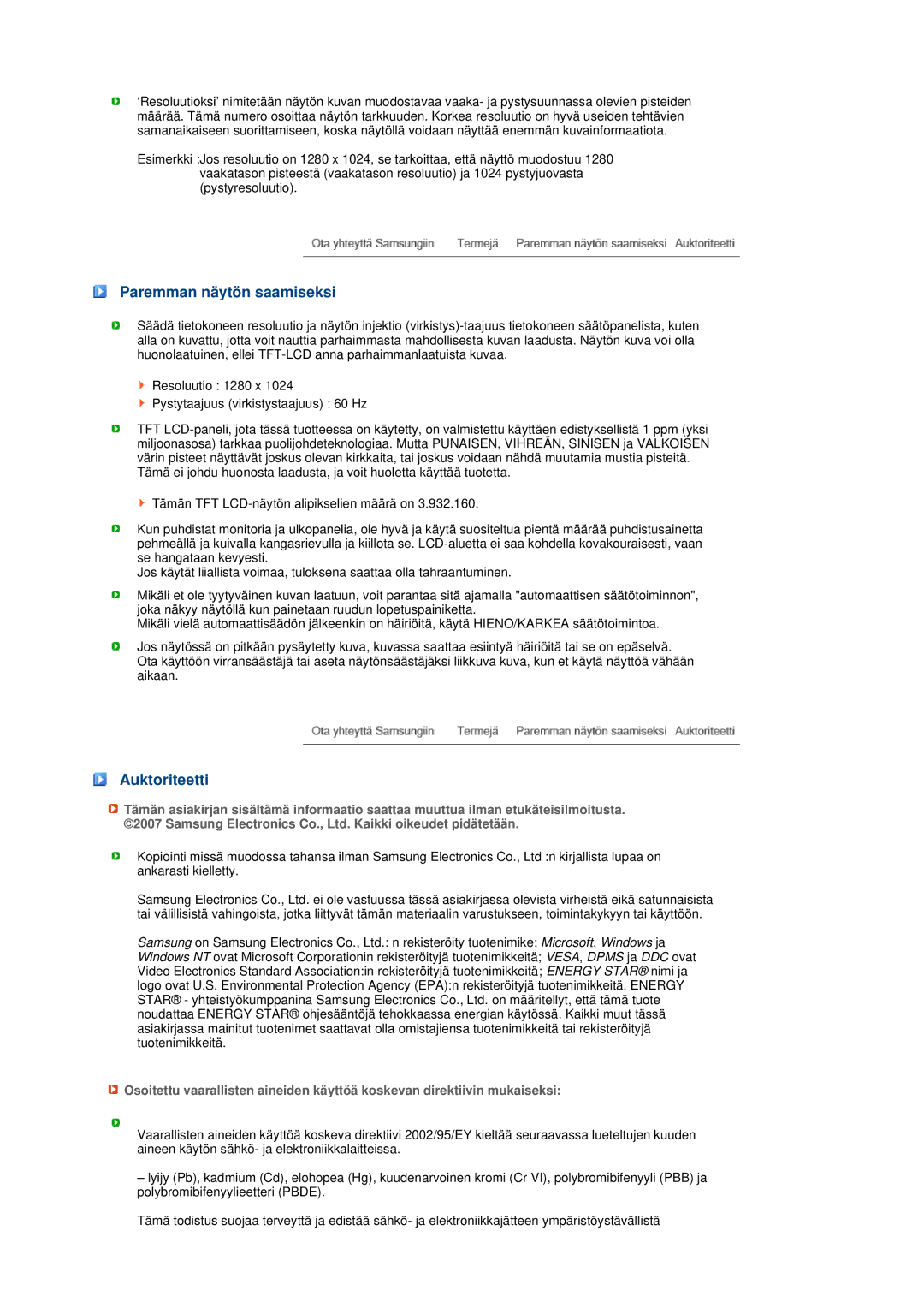 Samsung LS19MEPSFV/EDC manual Paremman näytön saamiseksi, Auktoriteetti 