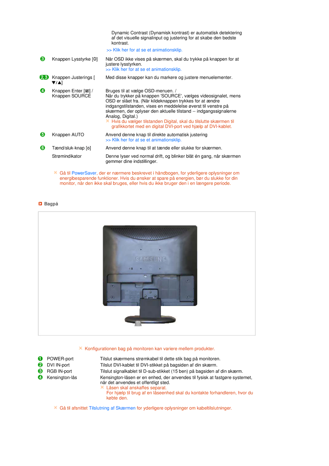 Samsung LS19MEPSFV/EDC manual Klik her for at se et animationsklip, Bagpå 