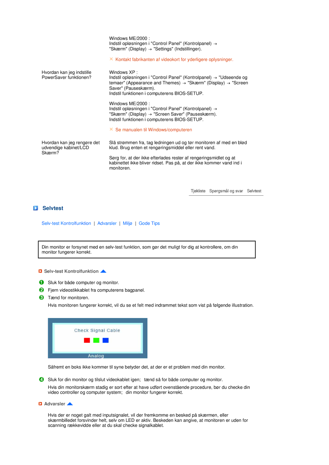 Samsung LS19MEPSFV/EDC manual Selvtest, Selv-test Kontrolfunktion, Advarsler 