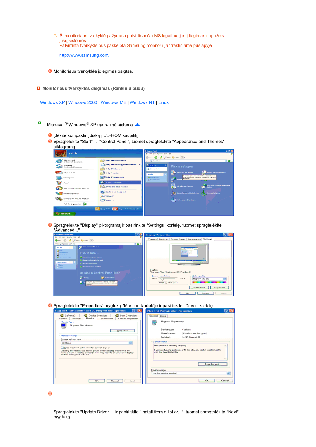 Samsung LS19MEPSFV/EDC Monitoriaus tvarkyklės diegimas Rankiniu būdu, Windows XP Windows 2000 Windows ME Windows NT Linux 