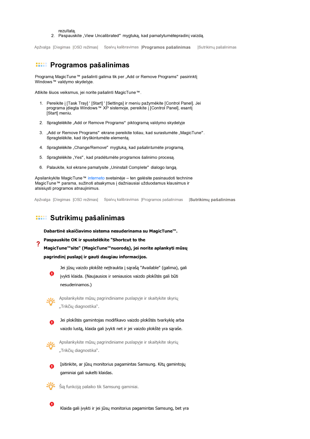 Samsung LS19MEPSFV/EDC manual Programos pašalinimas 