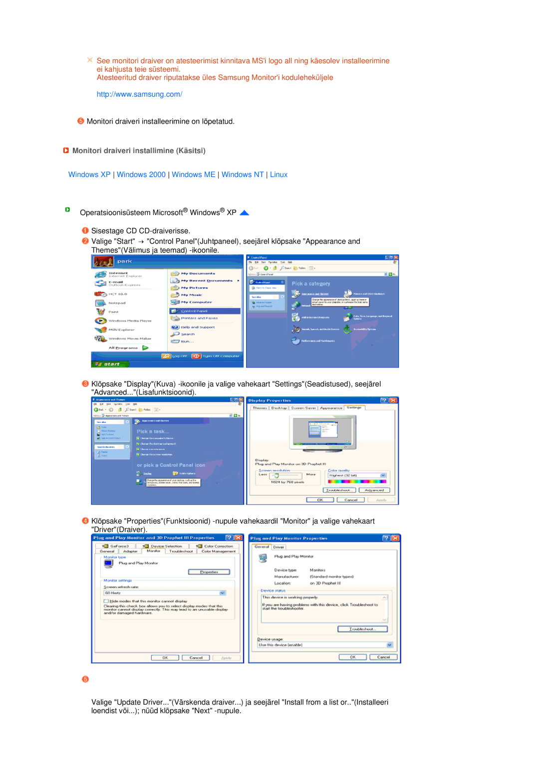 Samsung LS19MEPSFV/EDC manual Monitori draiveri installimine Käsitsi, Windows XP Windows 2000 Windows ME Windows NT Linux 