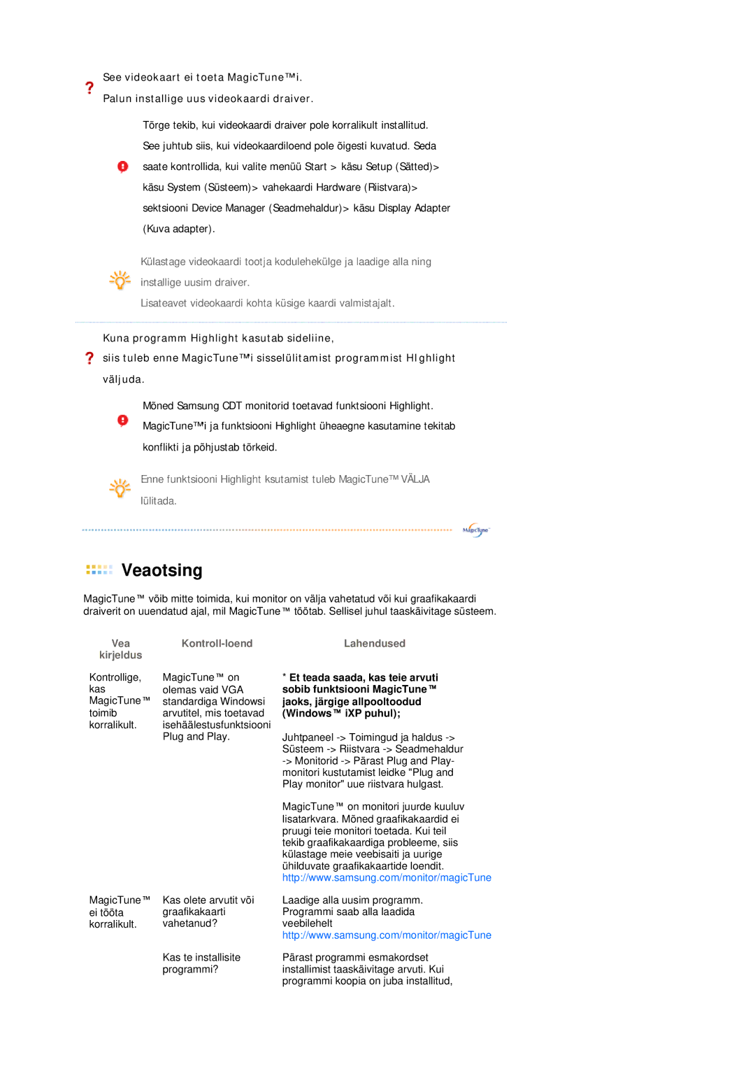 Samsung LS19MEPSFV/EDC manual Vea Kontroll-loend Lahendused Kirjeldus 