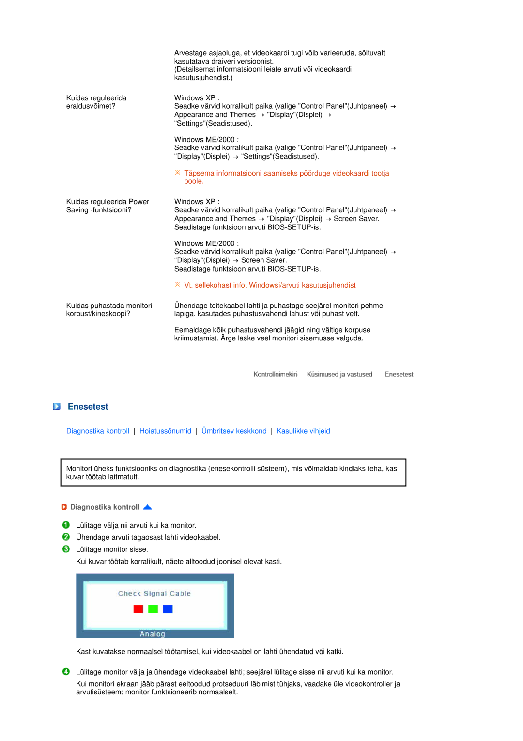 Samsung LS19MEPSFV/EDC manual Enesetest, Diagnostika kontroll 