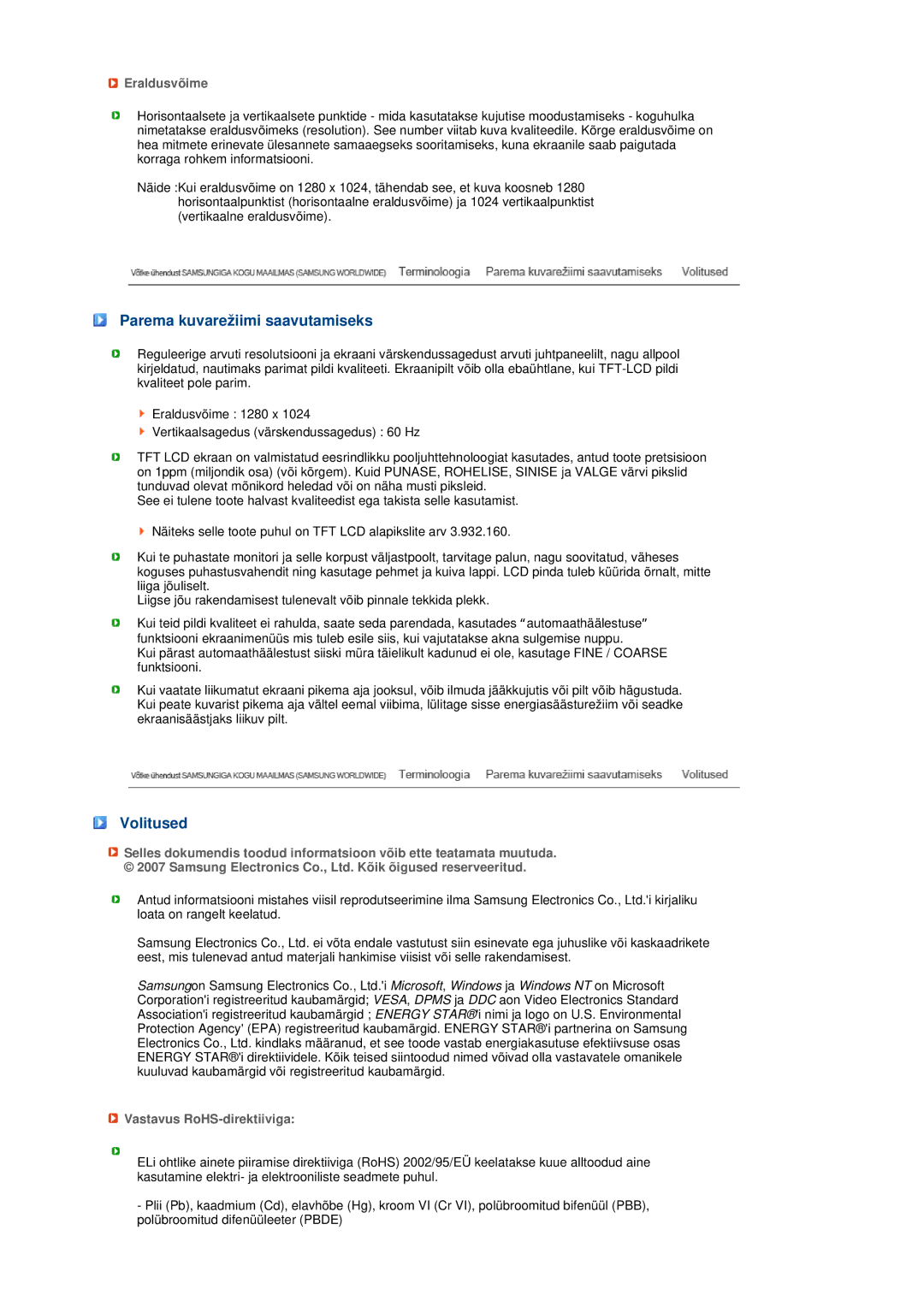 Samsung LS19MEPSFV/EDC manual Parema kuvarežiimi saavutamiseks, Volitused, Eraldusvõime, Vastavus RoHS-direktiiviga 