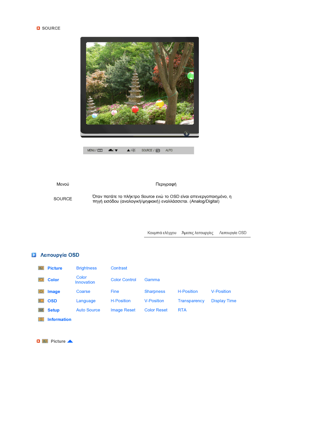 Samsung LS19MEPSFV/EDC manual Λειτουργία OSD, Picture 