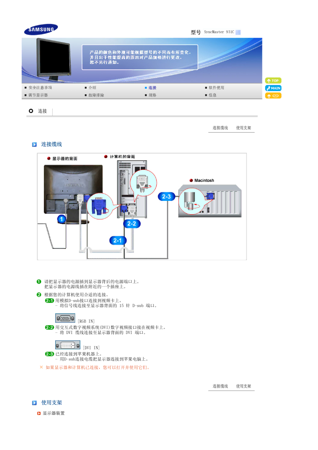 Samsung LS19MEPSFV/EDC manual 连接缆线, 使用支架, 显示器装置 