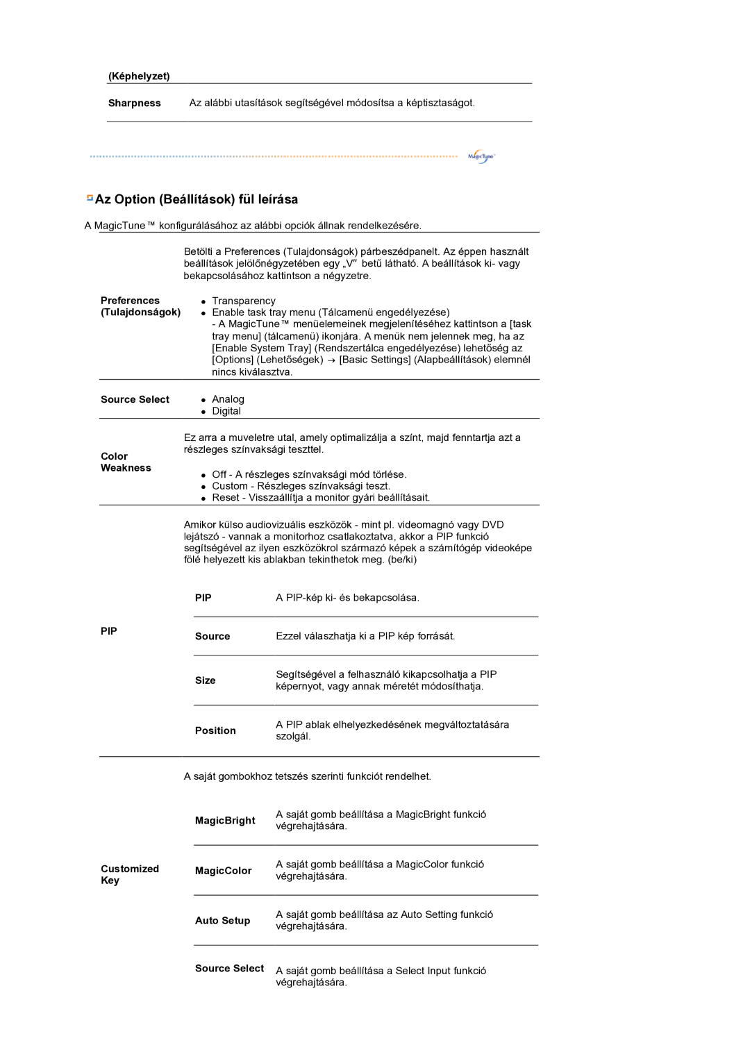 Samsung LS19MEPSFV/EDC manual Az Option Beállítások fül leírása 