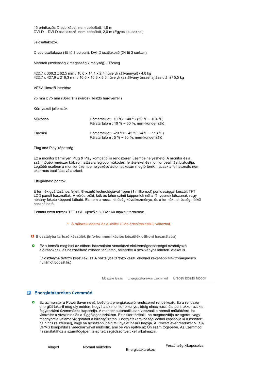 Samsung LS19MEPSFV/EDC manual Energiatakarékos üzemmód 