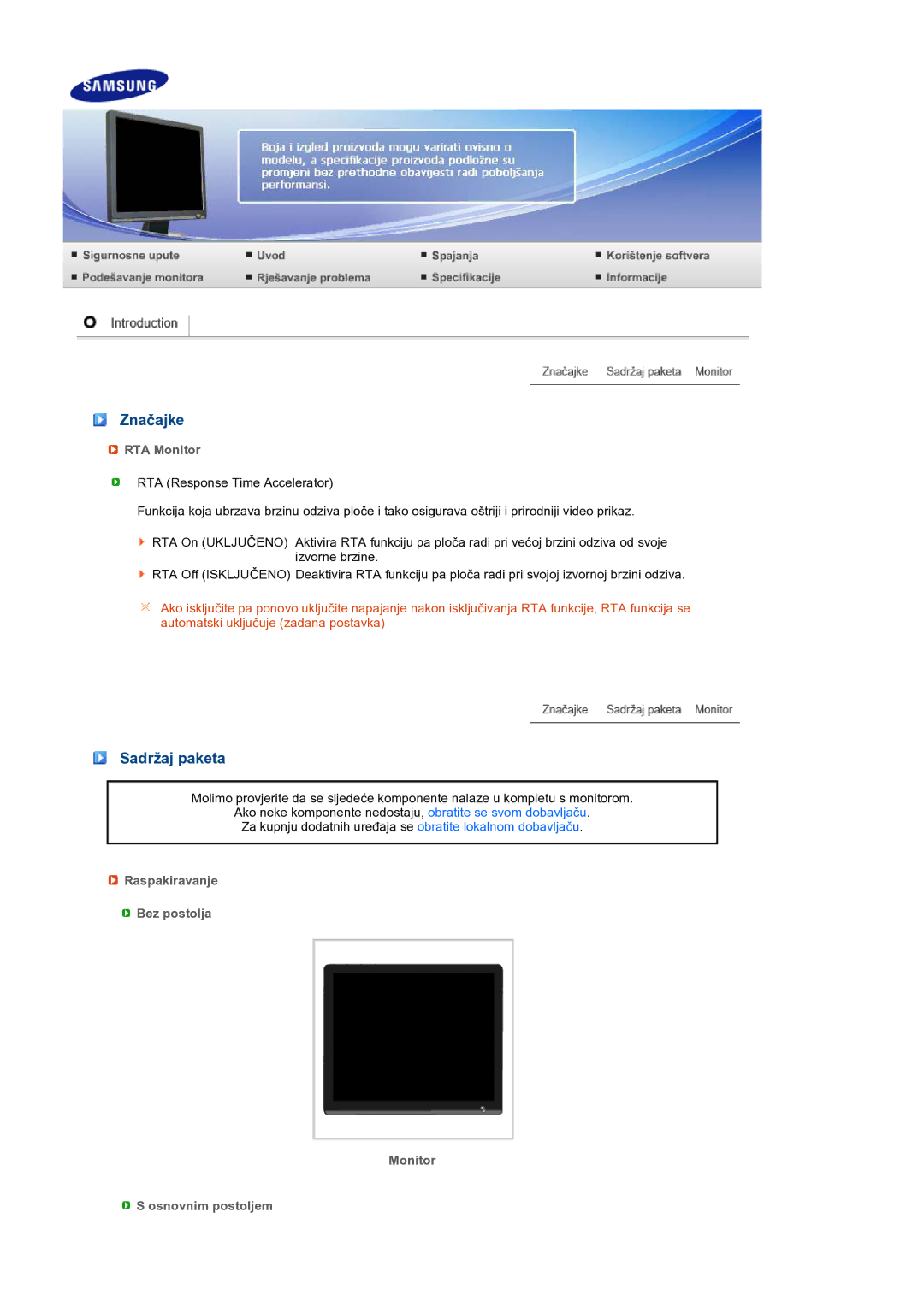 Samsung LS19MEPSFV/EDC manual Značajke, Sadržaj paketa, RTA Monitor, Raspakiravanje Bez postolja Monitor Osnovnim postoljem 