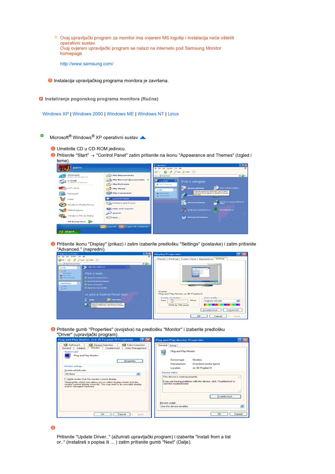 Samsung LS19MEPSFV/EDC Instaliranje pogonskog programa monitora Ručna, Windows XP Windows 2000 Windows ME Windows NT Linux 