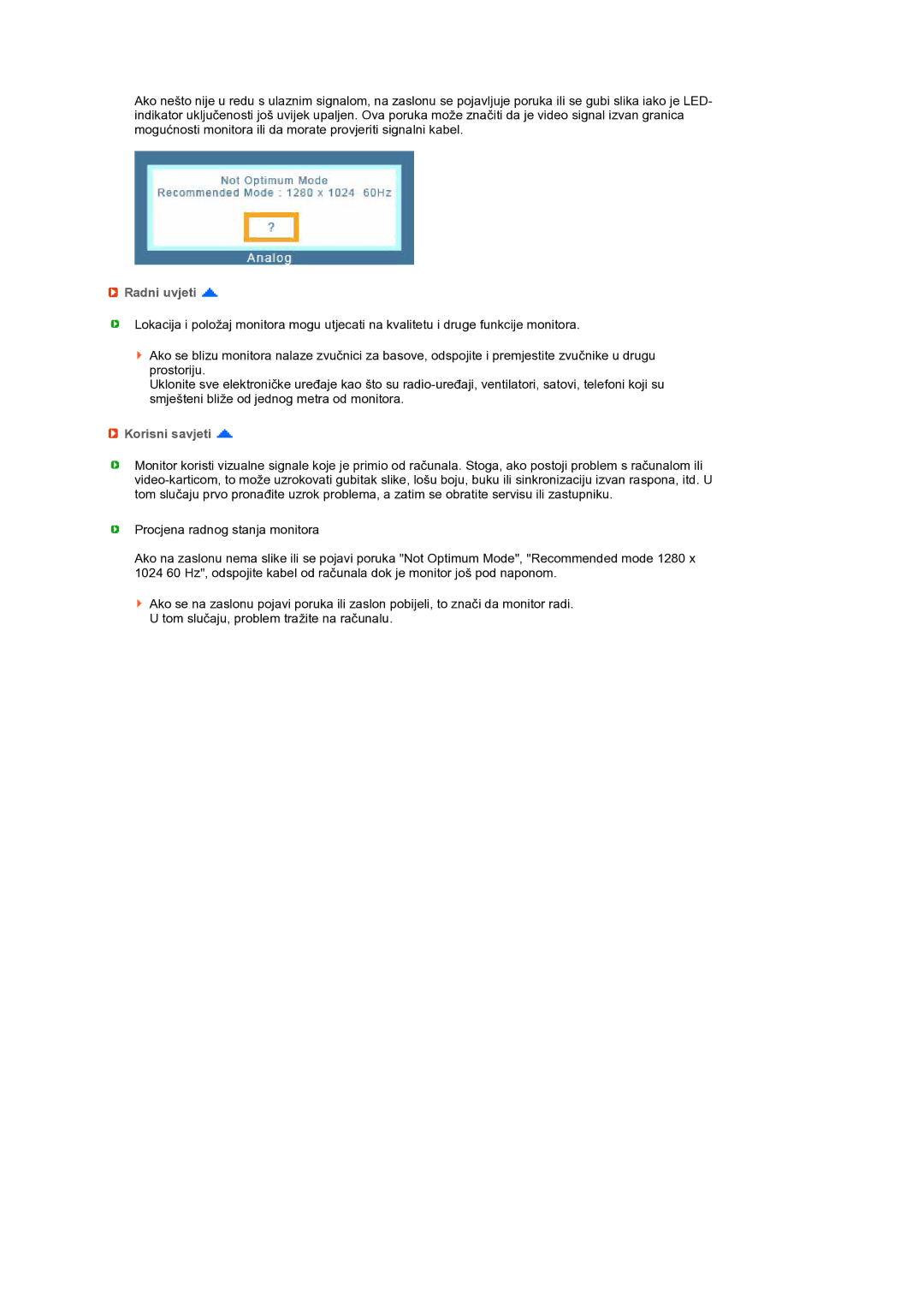 Samsung LS19MEPSFV/EDC manual Radni uvjeti, Korisni savjeti 