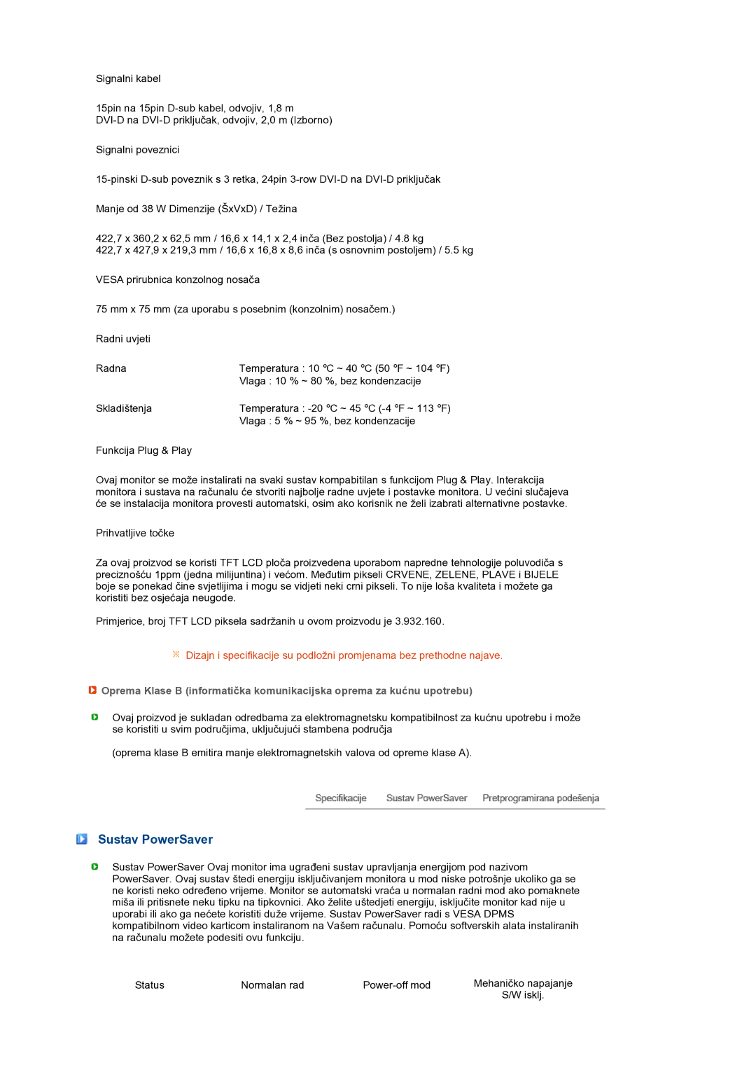 Samsung LS19MEPSFV/EDC manual Sustav PowerSaver 