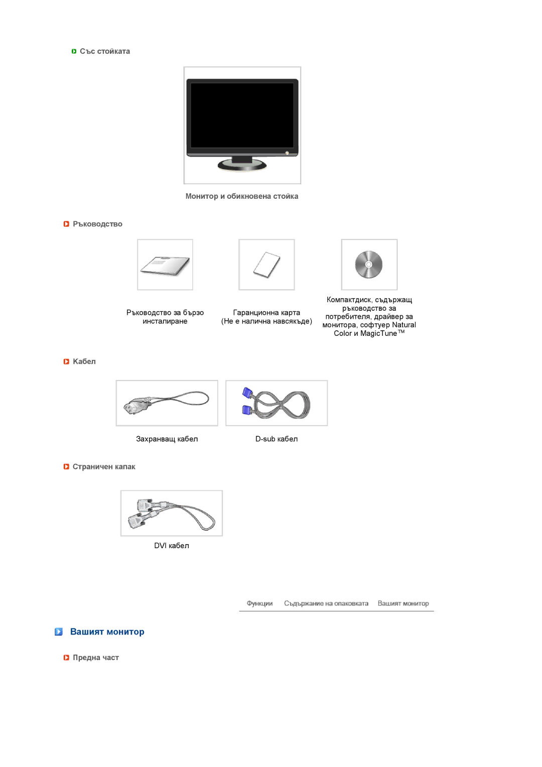 Samsung LS19MEWSFV/EDC manual Вашият монитор, Със стойката Монитор и обикновена стойка Ръководство, Kабел, Страничен капак 