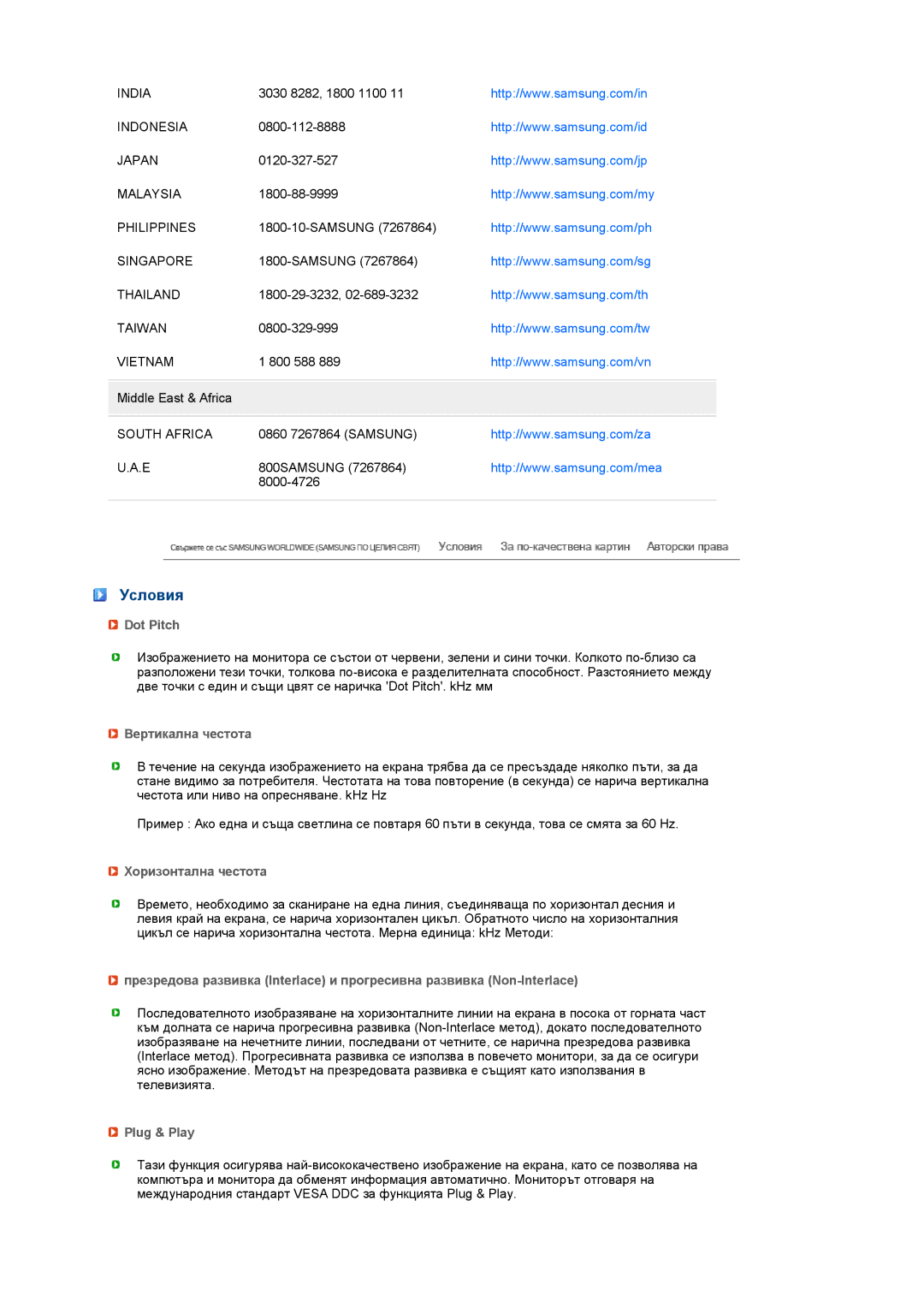 Samsung LS19MEWSFV/EDC manual Условия, Dot Pitch, Вертикална честота, Хоризонтална честота, Plug & Play 