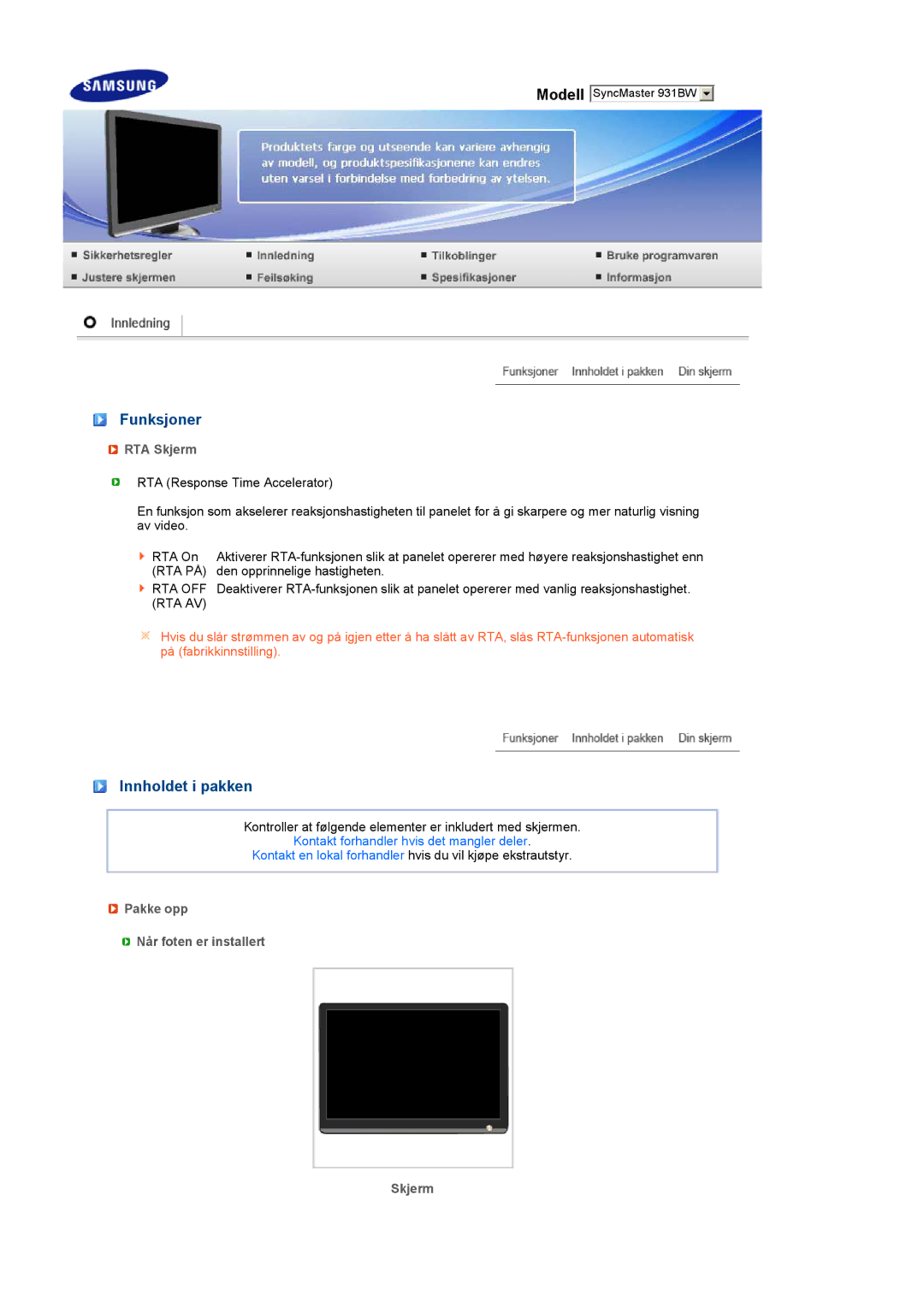 Samsung LS19MEWSFV/EDC manual Funksjoner, Innholdet i pakken, RTA Skjerm, Pakke opp Når foten er installert Skjerm 