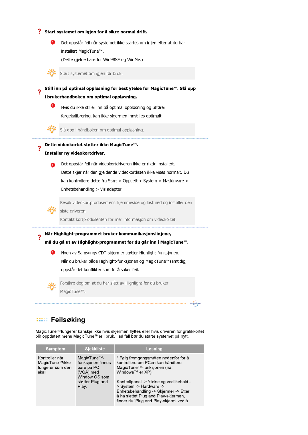 Samsung LS19MEWSFV/EDC manual Start systemet om igjen for å sikre normal drift 