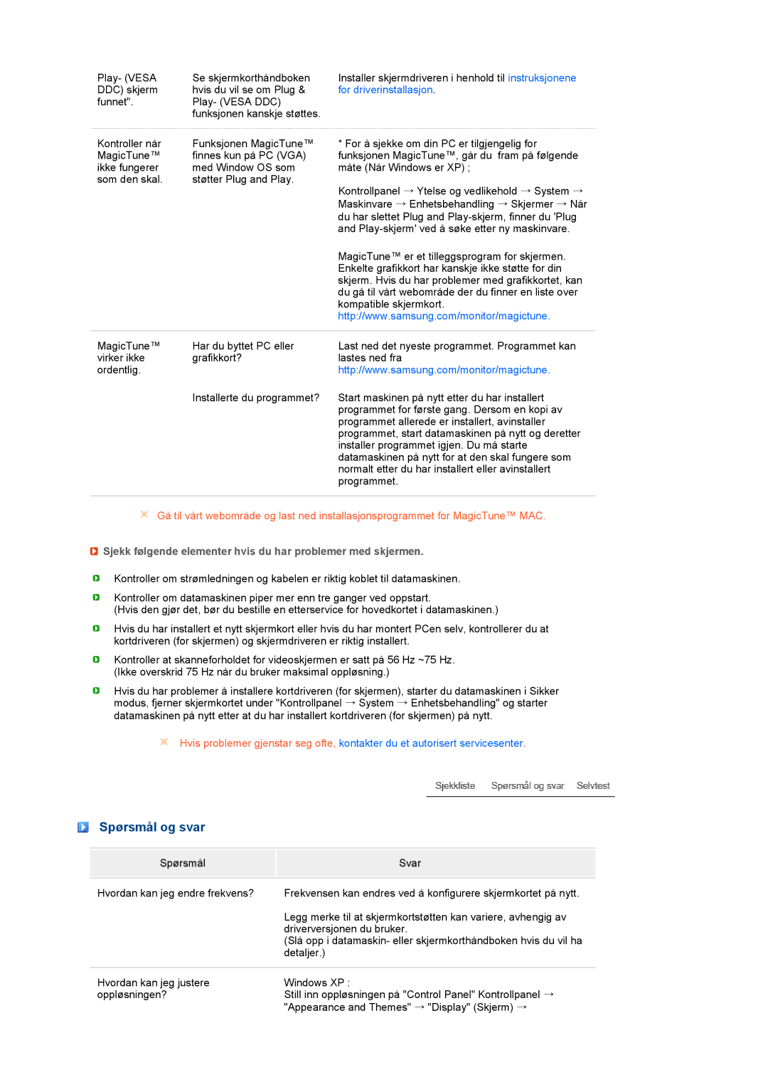 Samsung LS19MEWSFV/EDC manual Spørsmål og svar, Sjekk følgende elementer hvis du har problemer med skjermen 