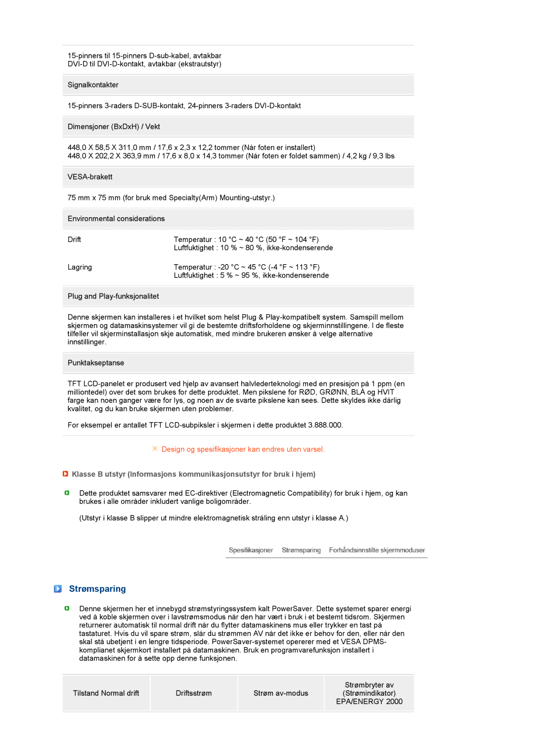 Samsung LS19MEWSFV/EDC manual Strømsparing, Epa/Energy 