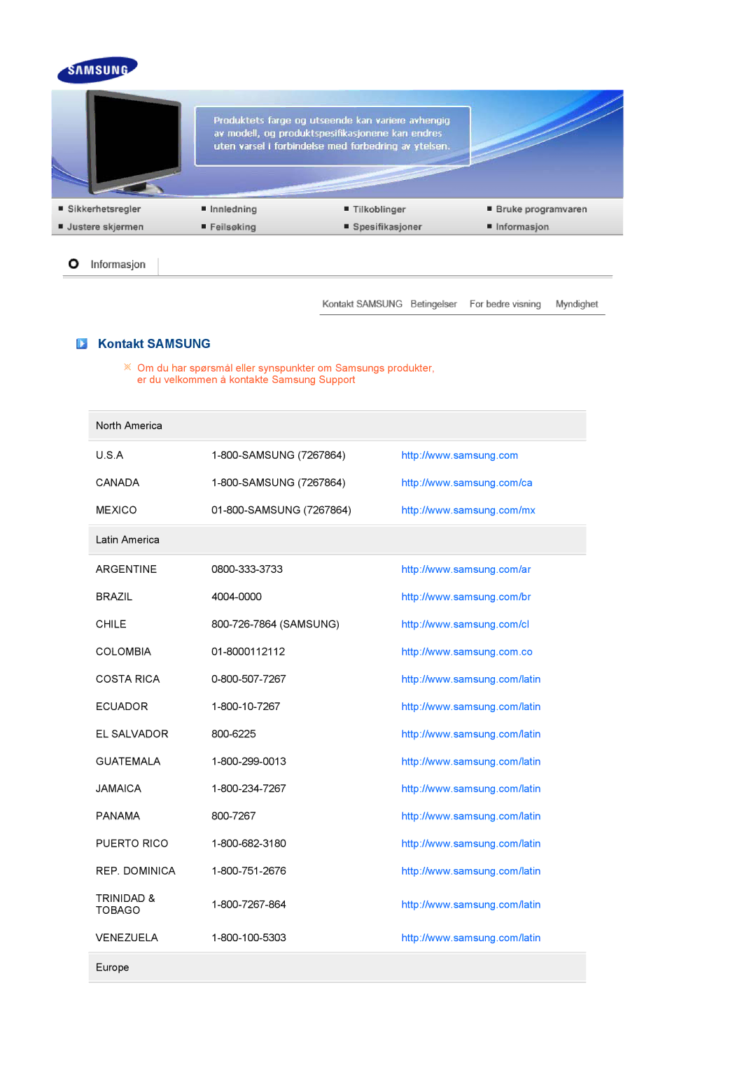 Samsung LS19MEWSFV/EDC manual Kontakt Samsung 