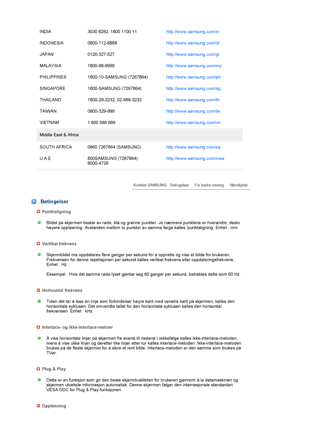 Samsung LS19MEWSFV/EDC manual Betingelser 