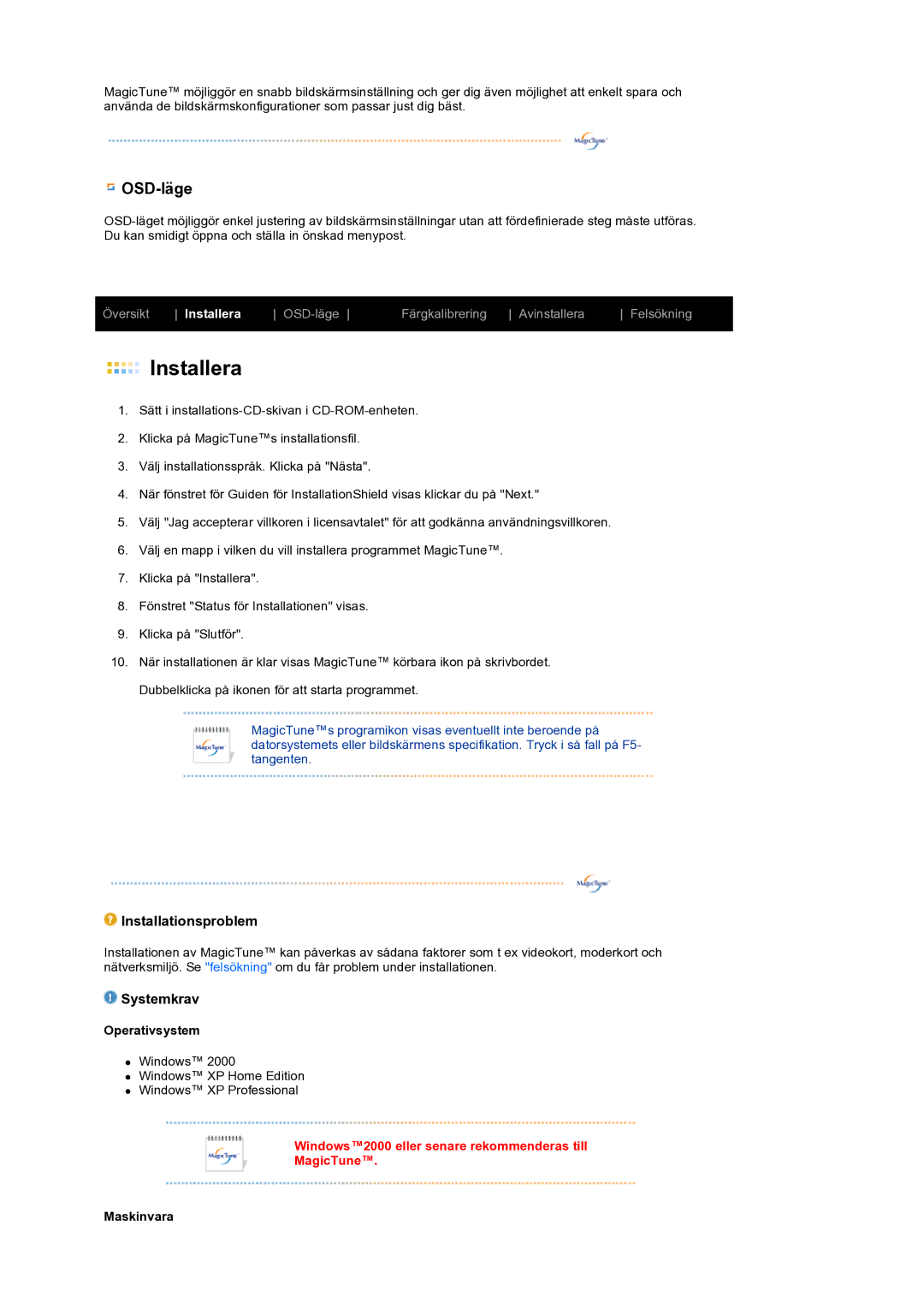 Samsung LS19MEWSFV/EDC manual OSD-läge, Operativsystem, Maskinvara 