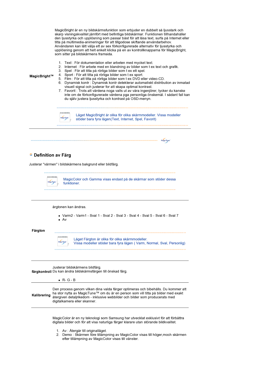 Samsung LS19MEWSFV/EDC manual Definition av Färg, MagicBright, Färgton 