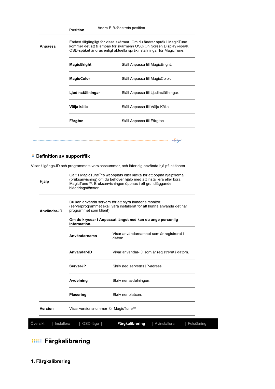 Samsung LS19MEWSFV/EDC manual Definition av supportflik, Färgkalibrering 