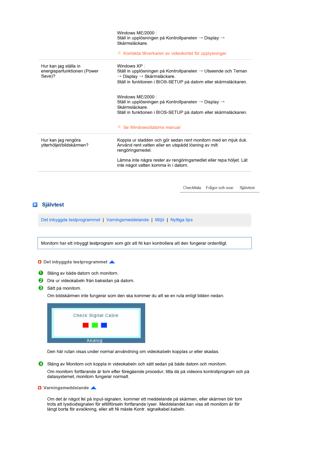 Samsung LS19MEWSFV/EDC manual Självtest, Det inbyggda testprogrammet, Varningsmeddelande 