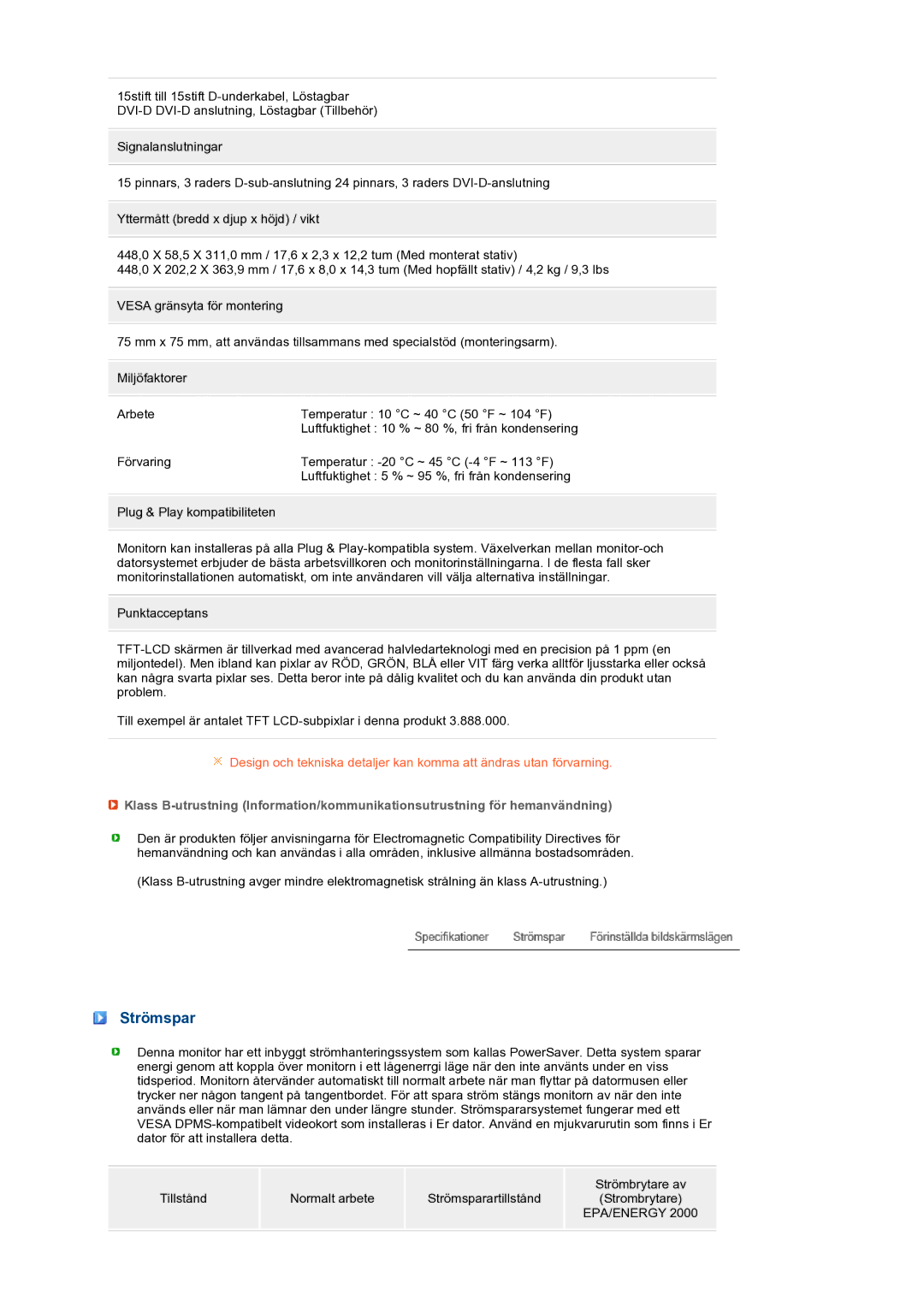 Samsung LS19MEWSFV/EDC manual Strömspar, Epa/Energy 