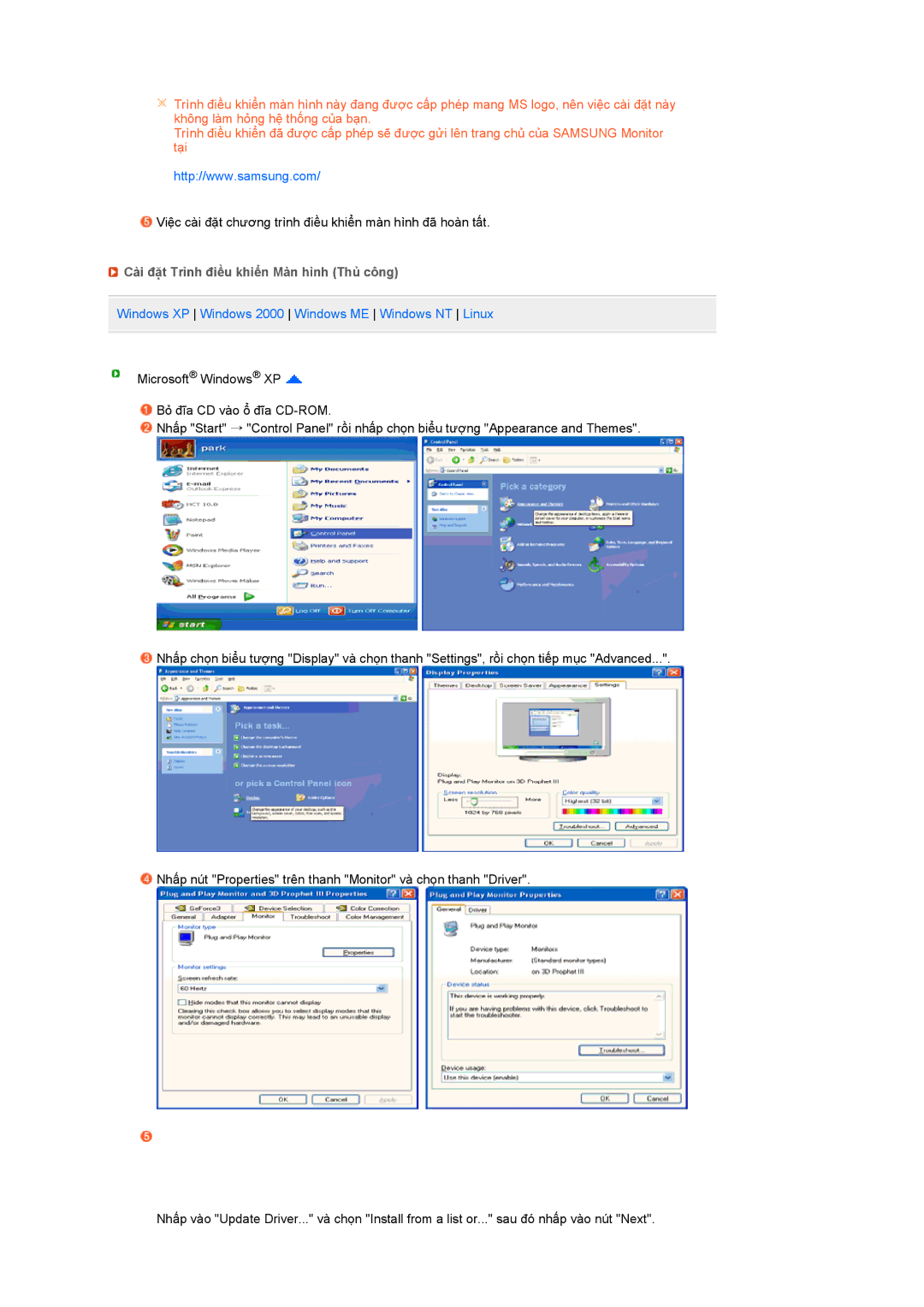 Samsung LS19MEWSFV/XSV Cài đặt Trình điều khiển Màn hình Thủ công, Windows XP Windows 2000 Windows ME Windows NT Linux 