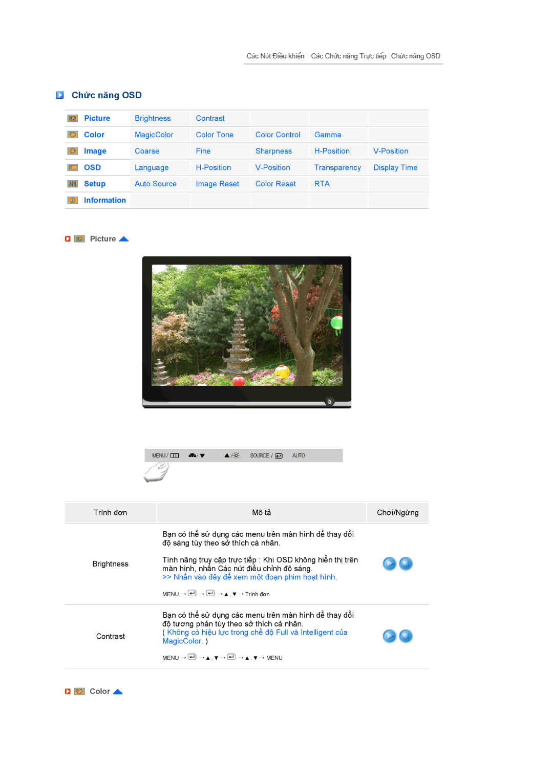 Samsung LS19MEWSFVMXSV, LS19MEWSFV/XSA, LS19MEWSFV/XSV manual Chức năng OSD, Picture, Color 