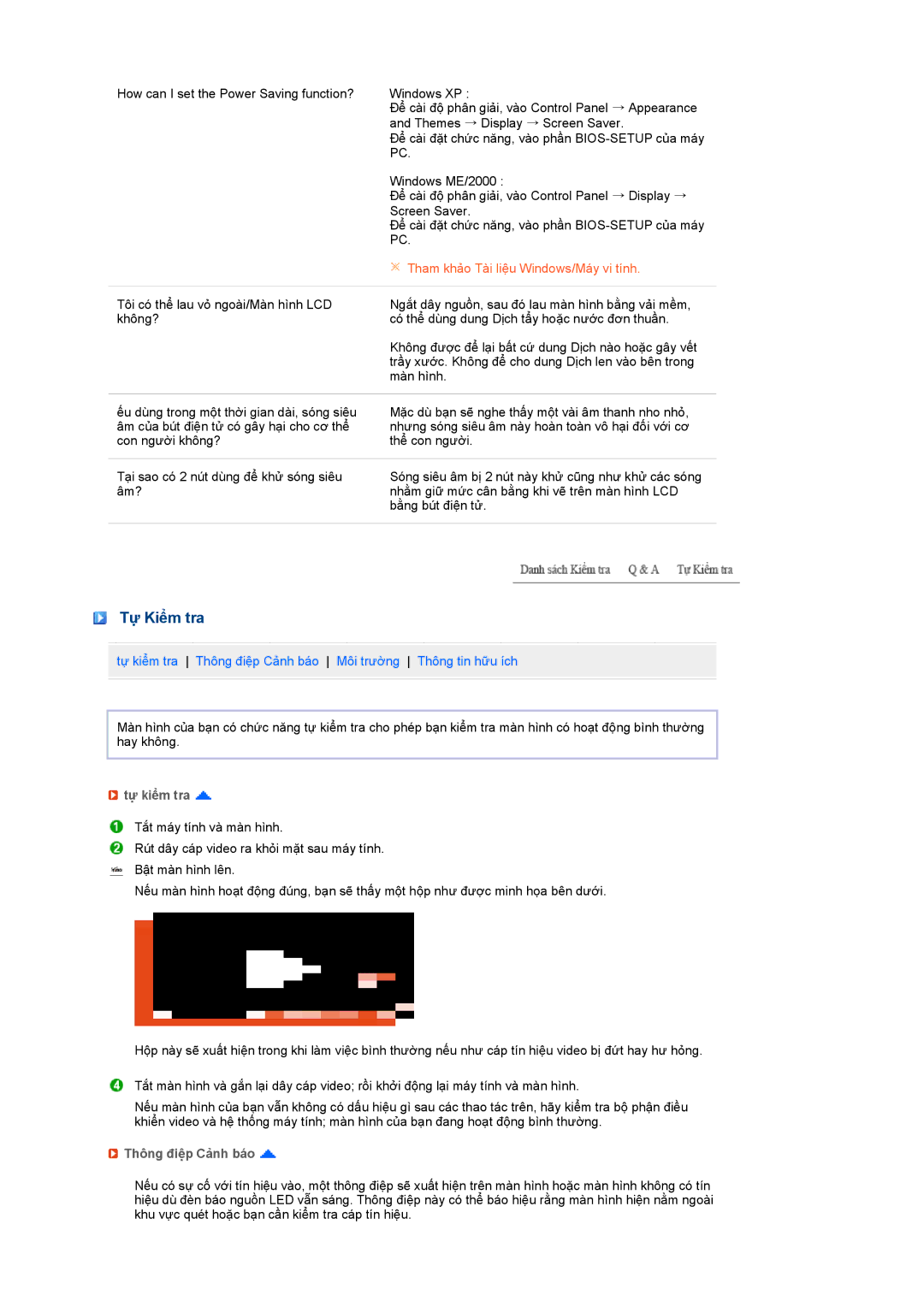 Samsung LS19MEWSFVMXSV, LS19MEWSFV/XSA, LS19MEWSFV/XSV manual Tự Kiểm tra, Tự kiểm tra, Thông điệp Cảnh báo 