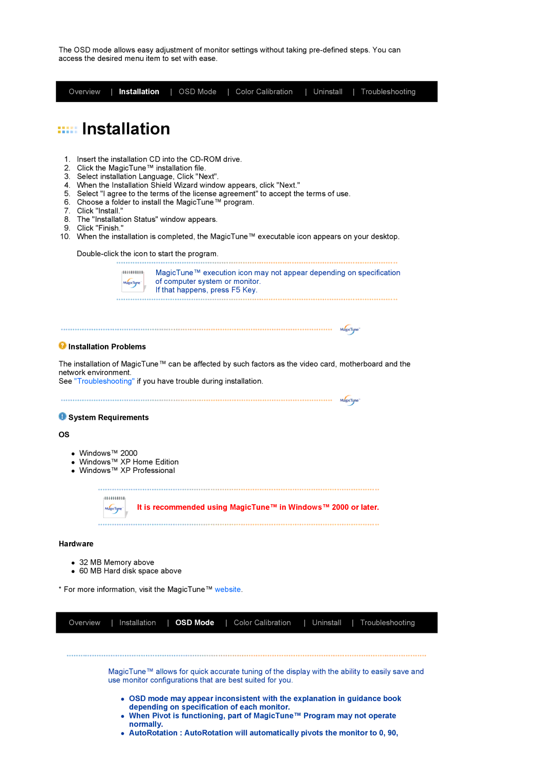 Samsung LS19MEWSFV/ILC, LS19MEWSFV/XSJ, LS19PFWDFV/EDC, LS19MEWSFV/EDC Installation Problems, System Requirements, Hardware 